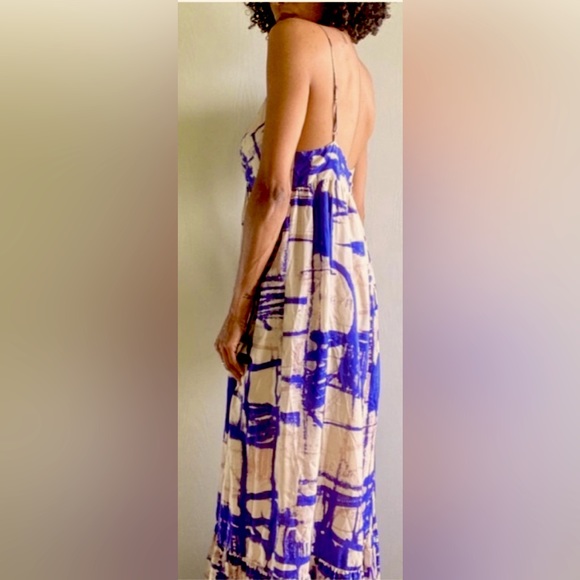 Anthropologie I Isabella Sinclair Abstract Silk Maxi Dress in Cream & Eggplant - Picture 7 of 8